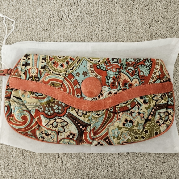 Handbags - Paisley Patterned Clutch with Coral Accents